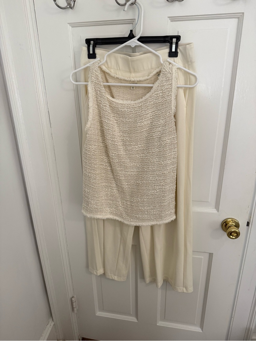 Cream Textured Tank Top and Pant Set - Women's Outfit